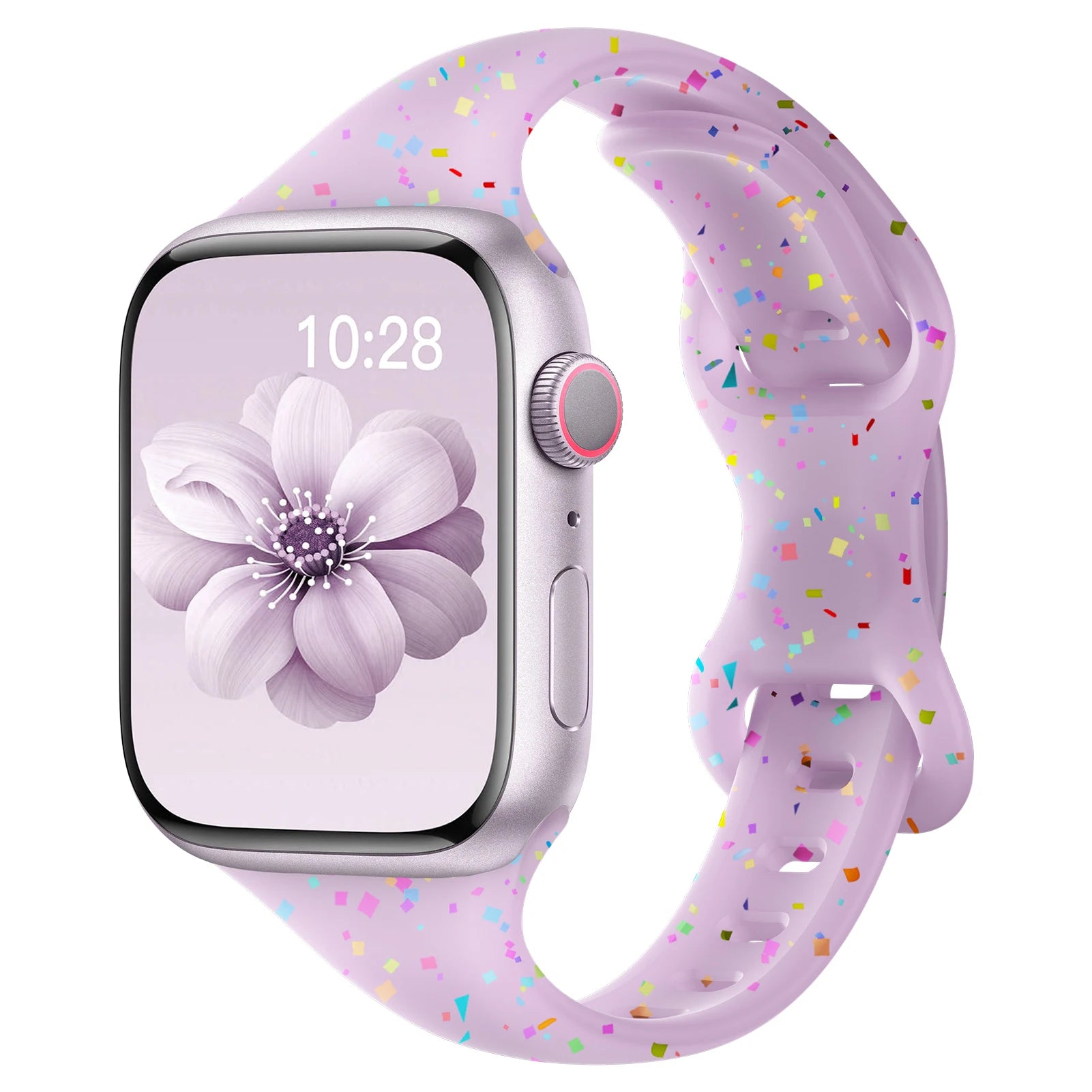 Apple Watch with colorful silicone band featuring a soft design and speckles, ideal for comfort and style.