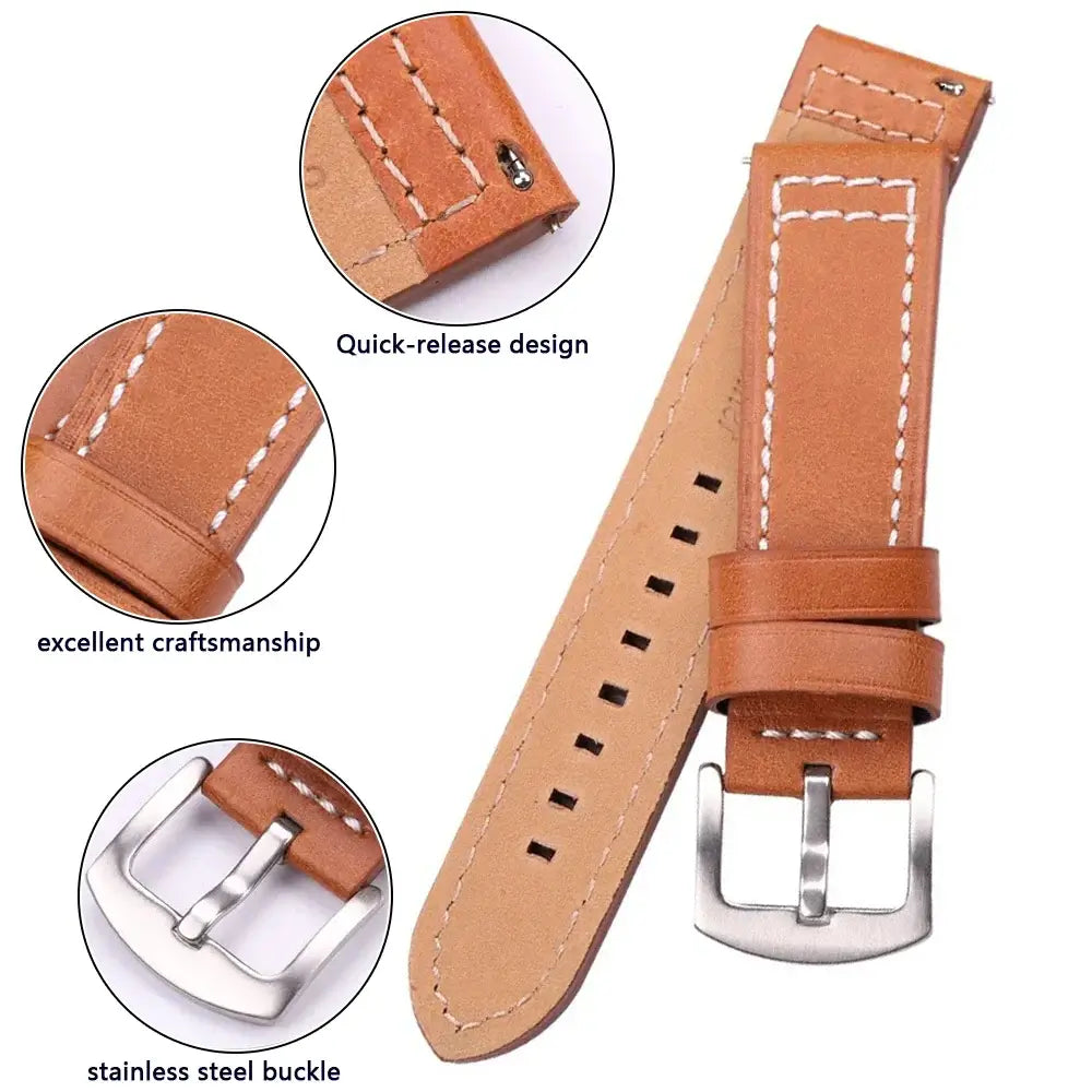 Leather strap stitching, quick-release pin and buckle details