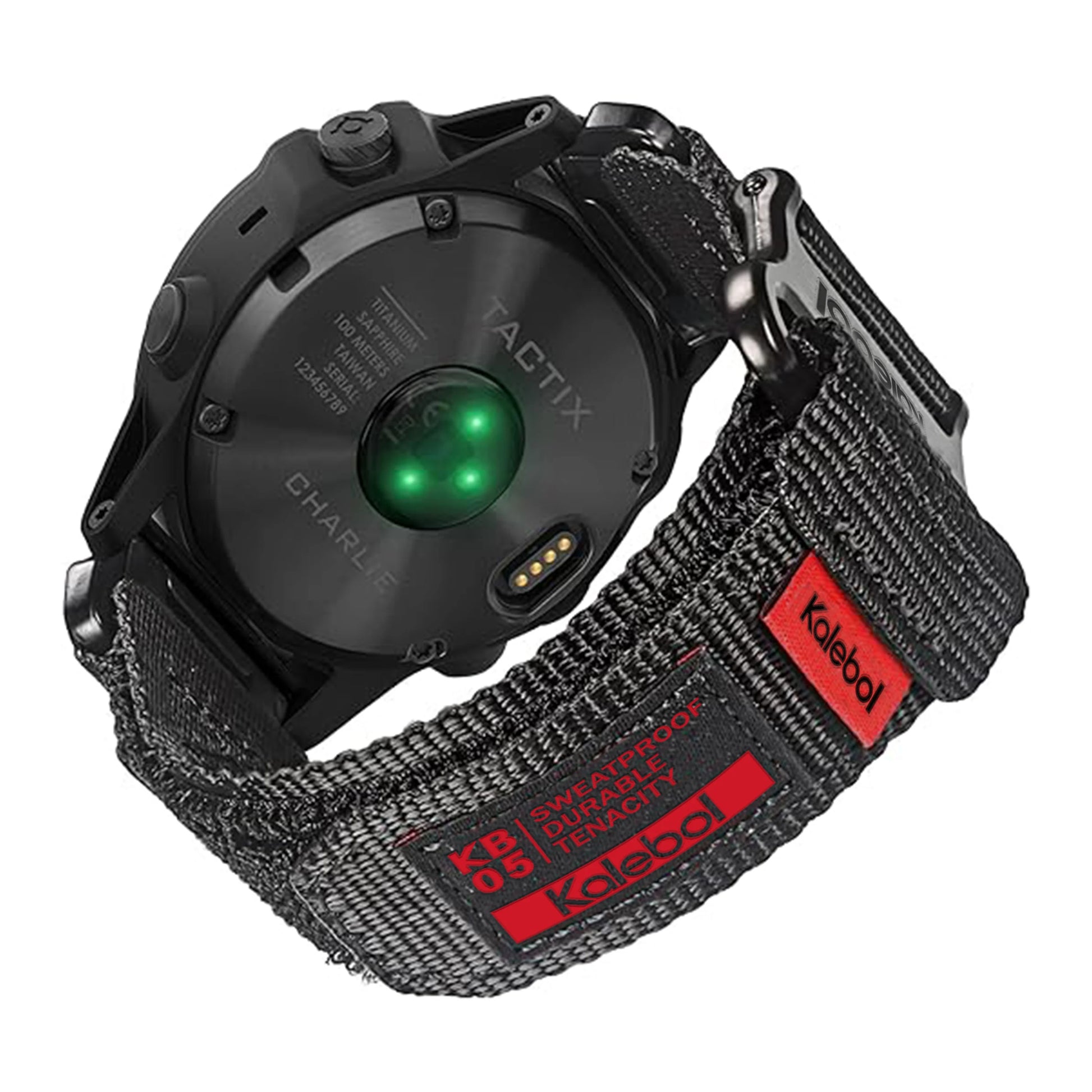 Garmin smartwatch with tactical nylon strap, featuring a breathable design and adjustable fit for active lifestyles.