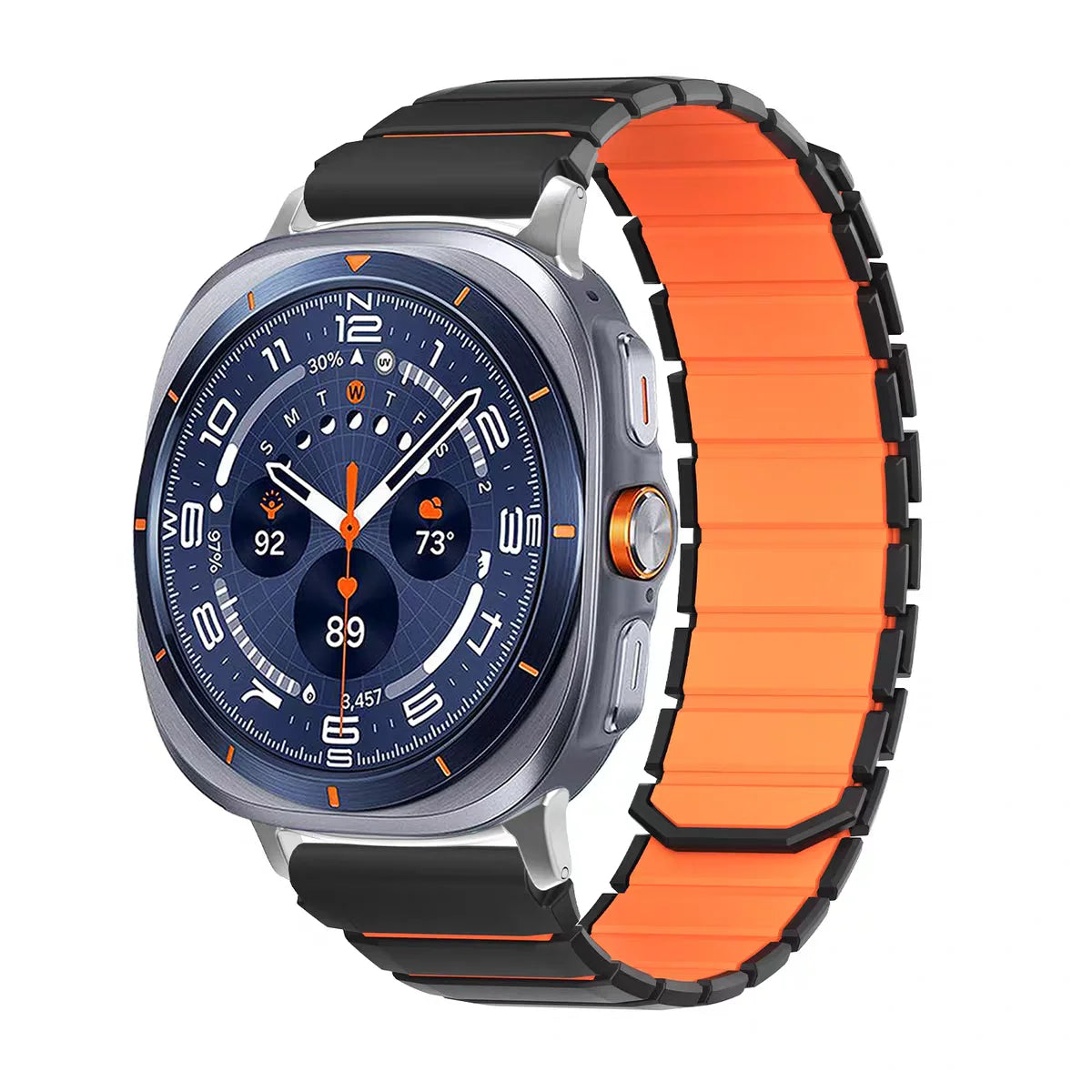 Samsung Galaxy Silicone Magnetic Watch Band Fits Watch8/Watch8 Classic/Watch9/Ultra/Ultra2 in Black Orange color.