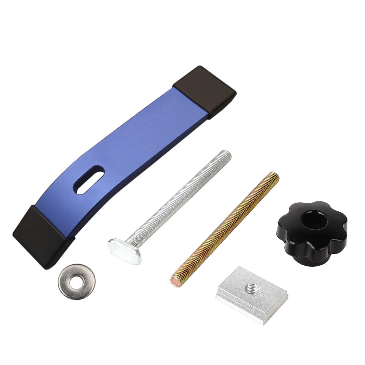 Blue T-track hold-down clamp with T-bolt, stud, slider, washer and knob