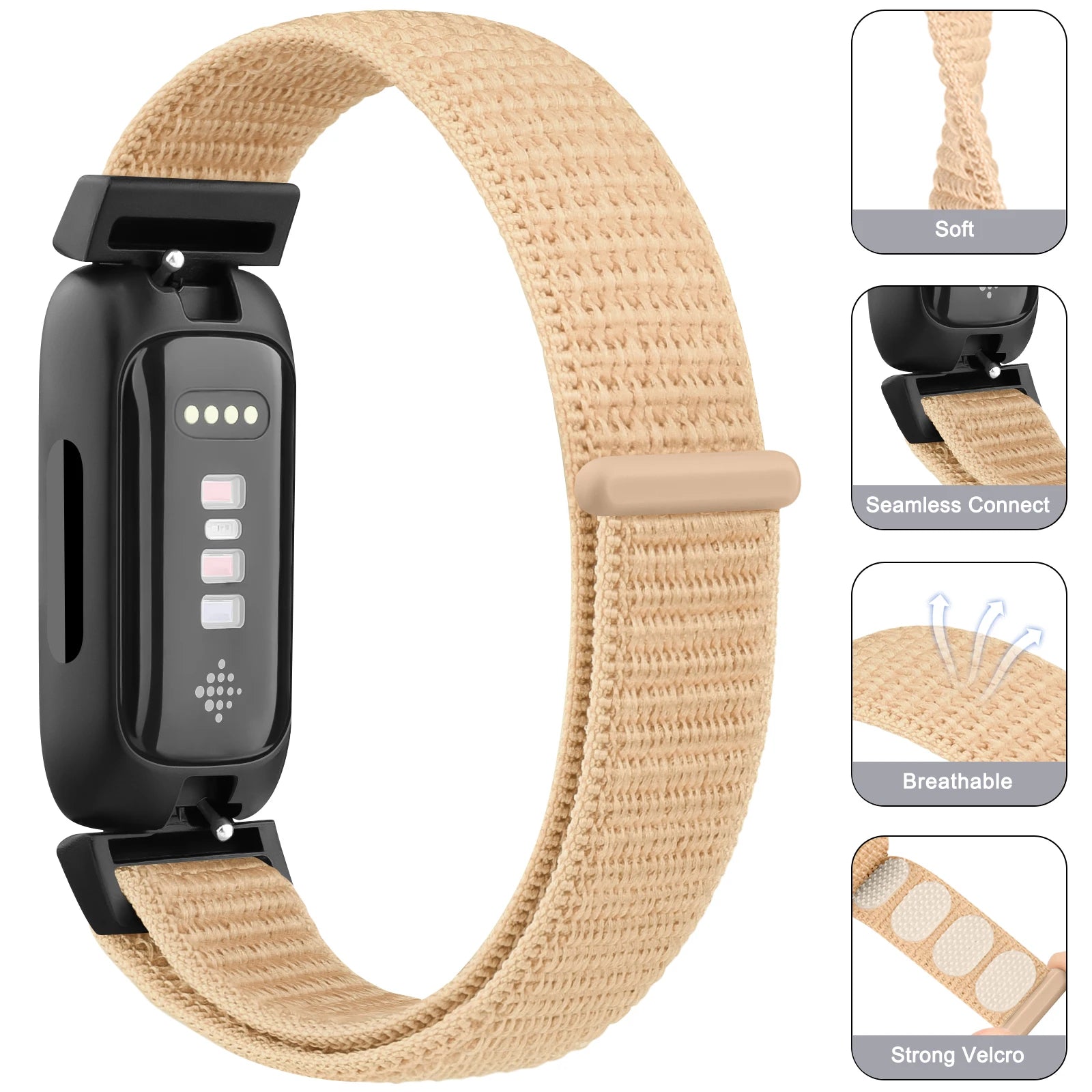 Fitbit Inspire 3 nylon strap in beige, offering comfort and style for smartwatches, featuring adjustable fit and breathable material.