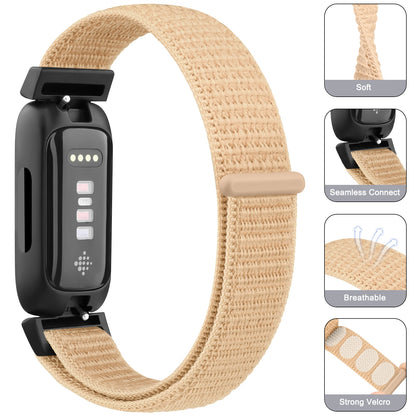 Fitbit Inspire 3 nylon strap in beige, offering comfort and style for smartwatches, featuring adjustable fit and breathable material.