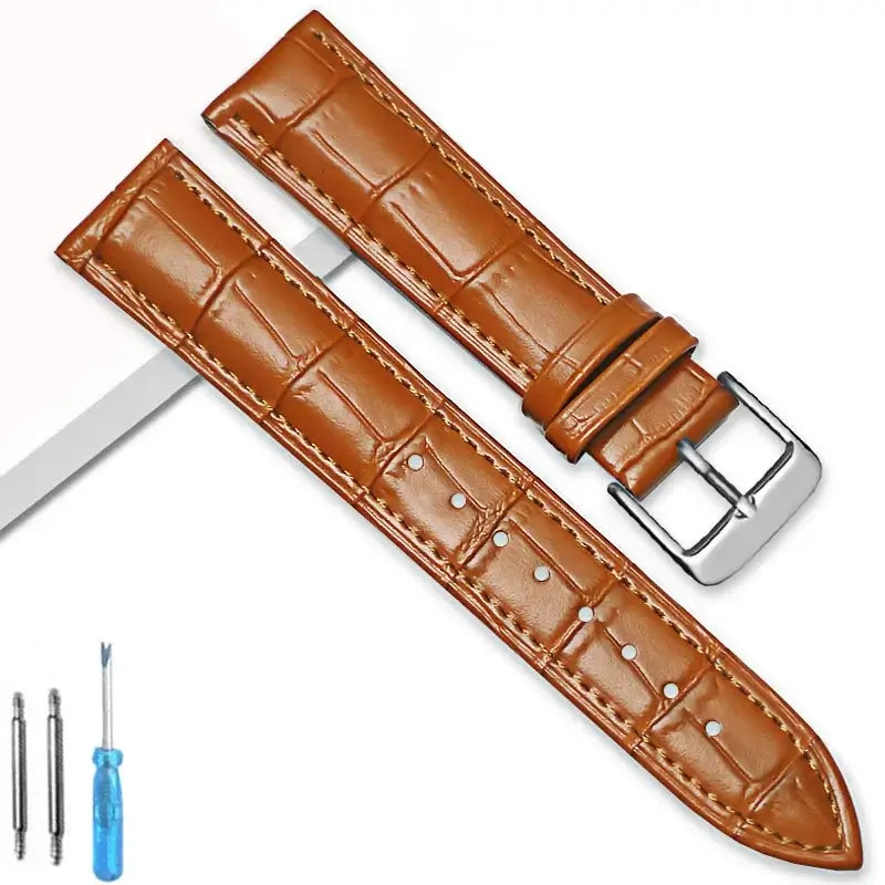 Crocodile-Embossed Leather Buckle Band in Tan Brown / Silver Buckle for compatible Huawei watches