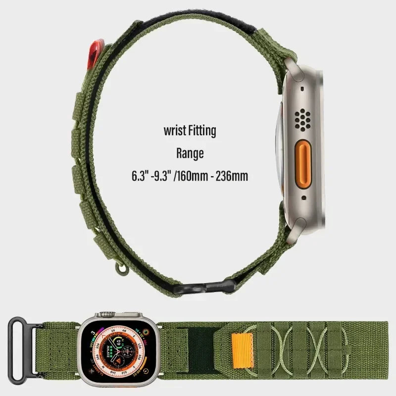 Apple Watch nylon tactical loop strap with adjustable wrist fitting range, suitable for Series 8, 7, and 6.