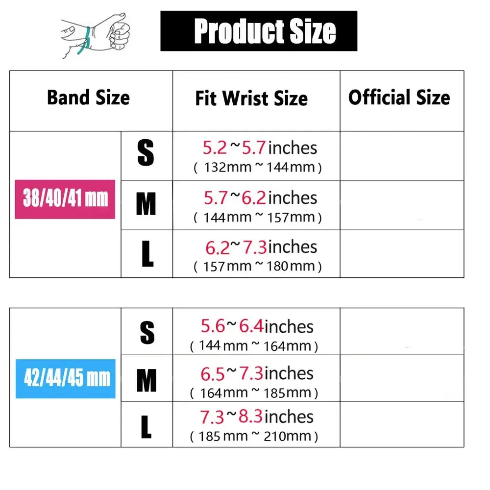 Wrist sizing chart for braided nylon Apple Watch band lengths