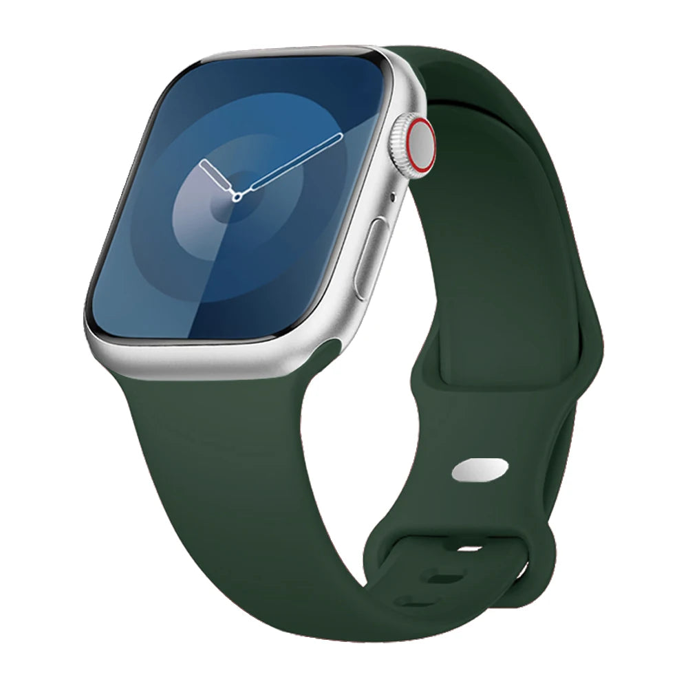 Apple Watch with soft green silicone strap, flexible, waterproof for comfort and active lifestyles.