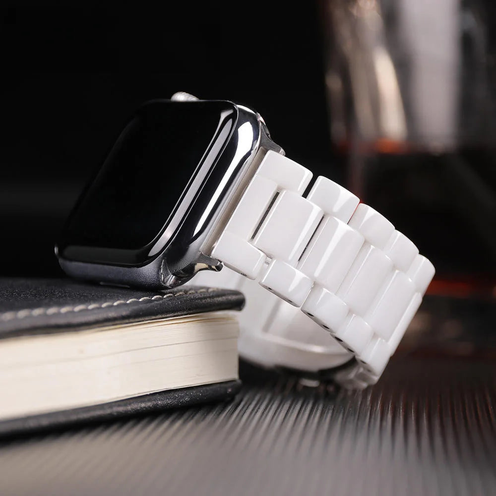 Ceramic Apple Watch Bracelet Band - Flat & Three-Row Links in White / Three-Row Links