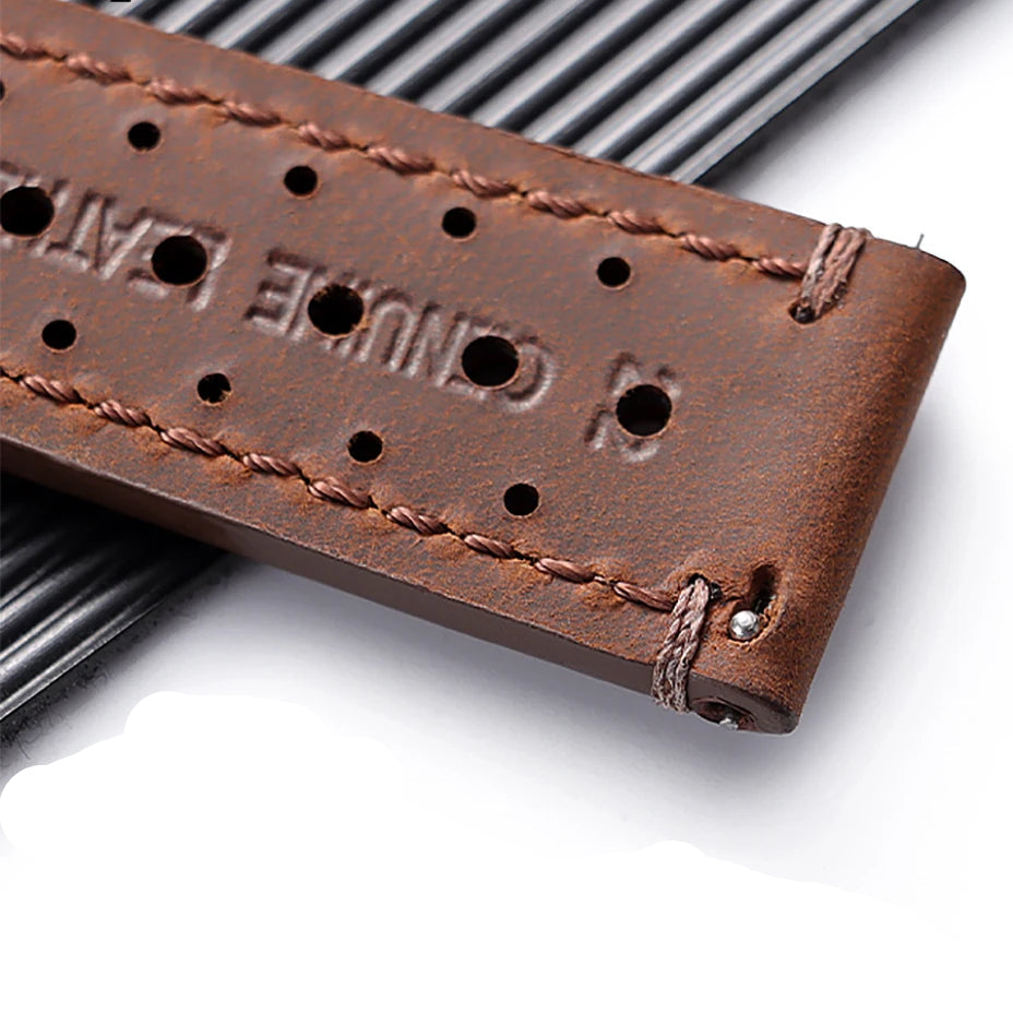 OnePlus Watch Band Quick Release Leather Strap Vintage Brown Wristband close-up showing leather detail and stitching.