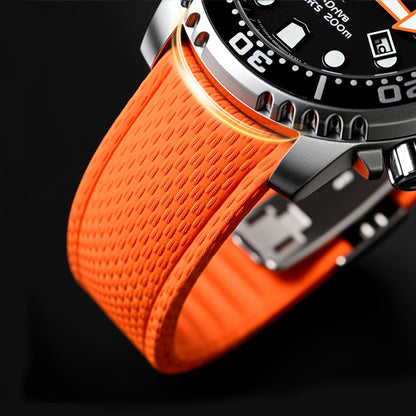 Garmin Curved-End FKM Rubber Band in orange on a dive watch