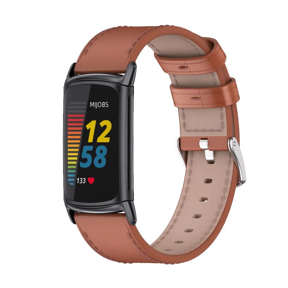 Fitbit Charge 6 with brown microfiber leather strap, stylish and breathable smartwatch band for everyday wear.