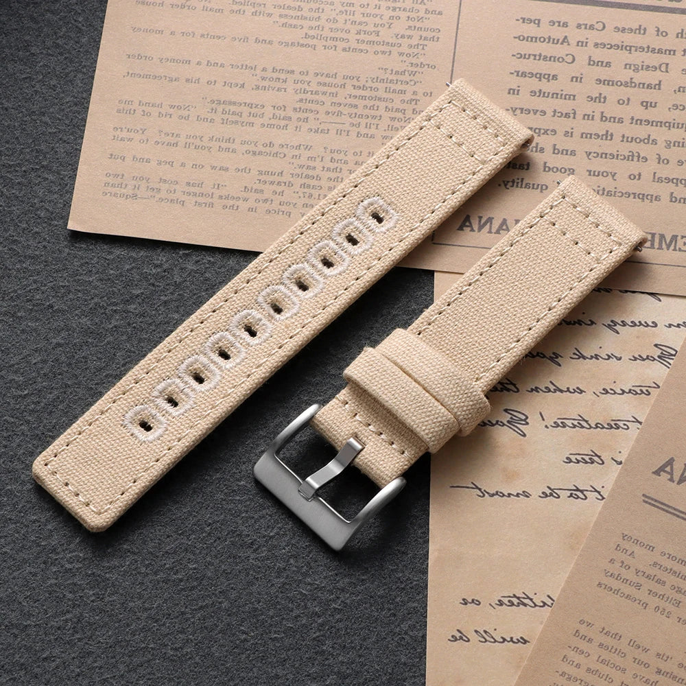Stitched Canvas Nylon Band in Khaki with Silver Buckle