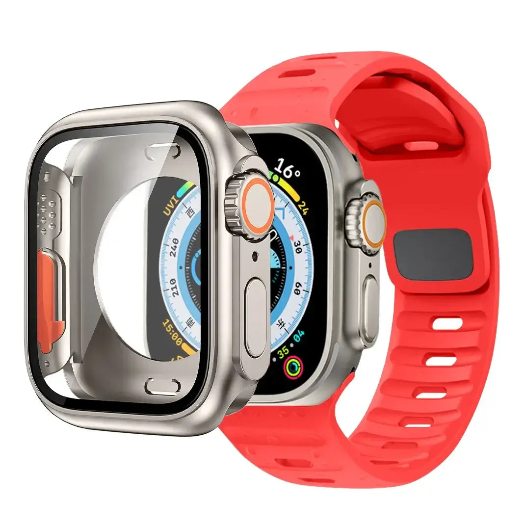 Red slotted silicone Apple Watch band with coordinating case
