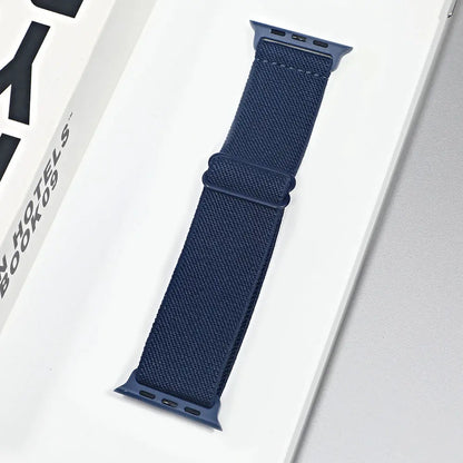 Navy nylon sport loop strap for Apple Watch, breathable and comfortable for workouts and daily wear.