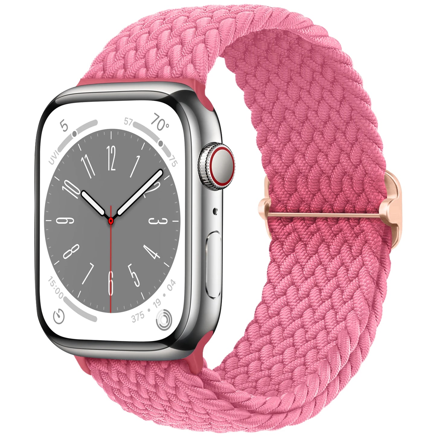 Apple Watch with braided pink nylon strap, offering comfort and style for daily wear.