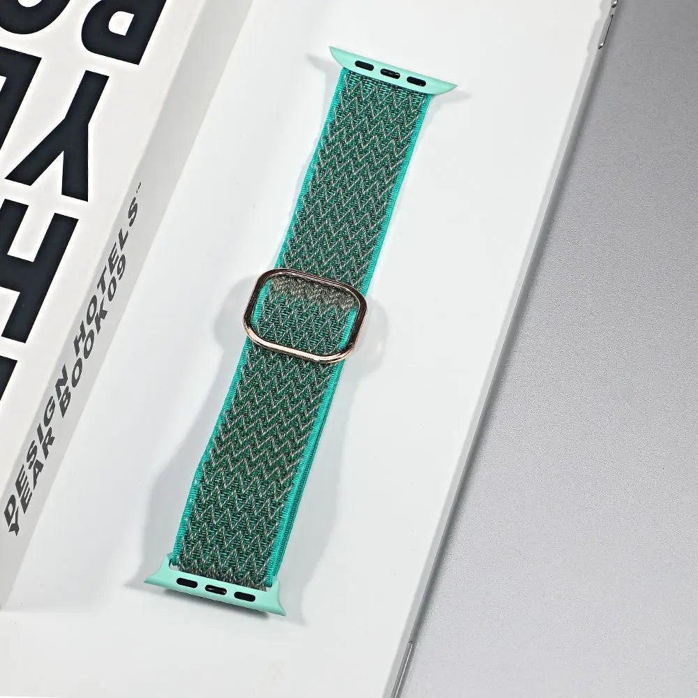 Nylon sport loop strap for Apple Watch, breathable teal design, suitable for workouts and everyday wear.