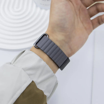 Hand wearing a gray replacement strap for Garmin smartwatch, showcasing a stylish design and secure fit.