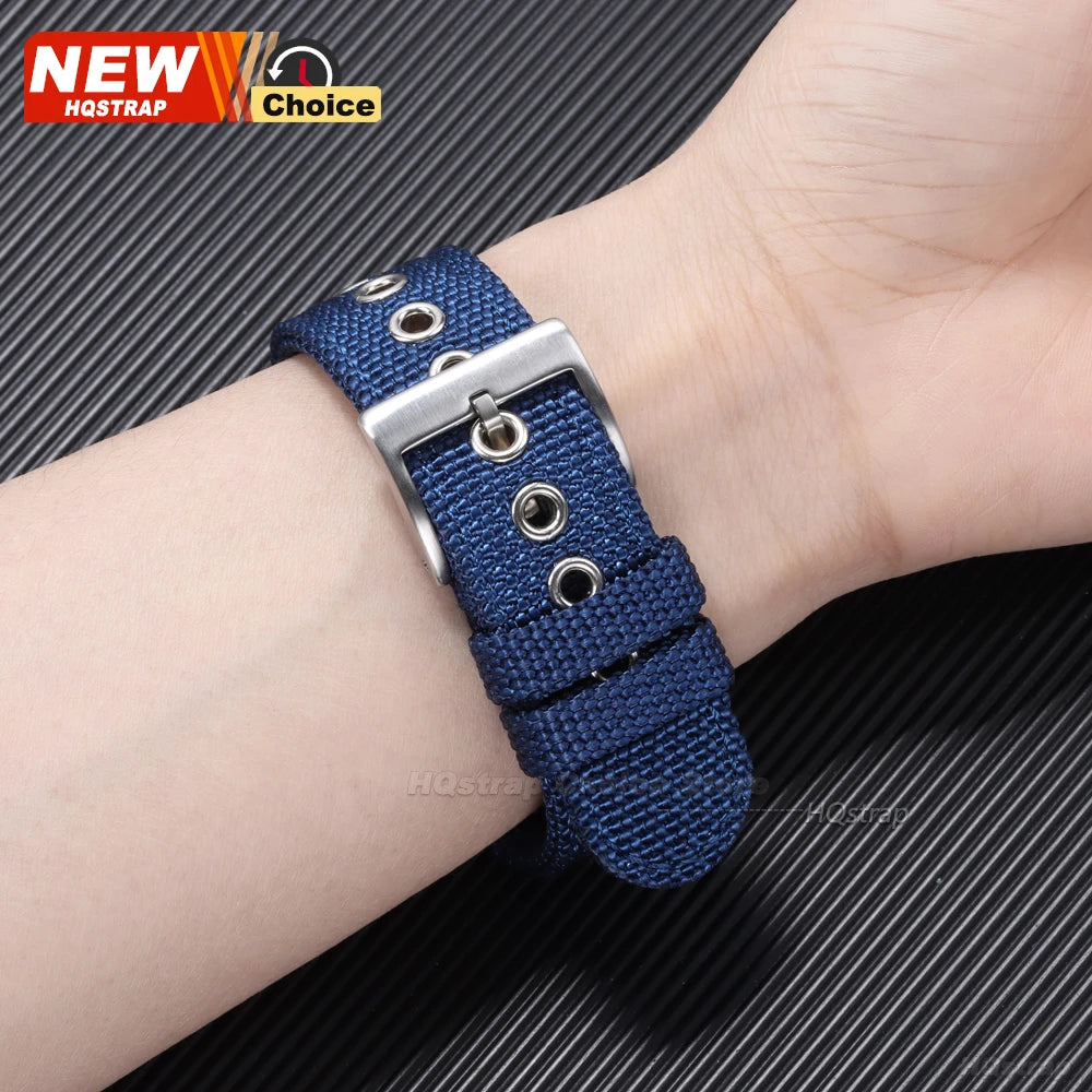 Garmin Nylon Canvas Band in navy blue worn on a wrist