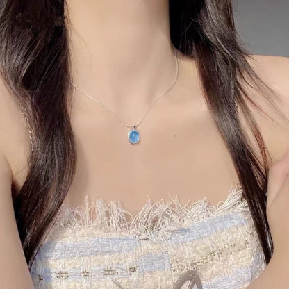 Oval Blue Simulated Moonstone Pendant Necklace, 925 Sterling Silver, photo 6