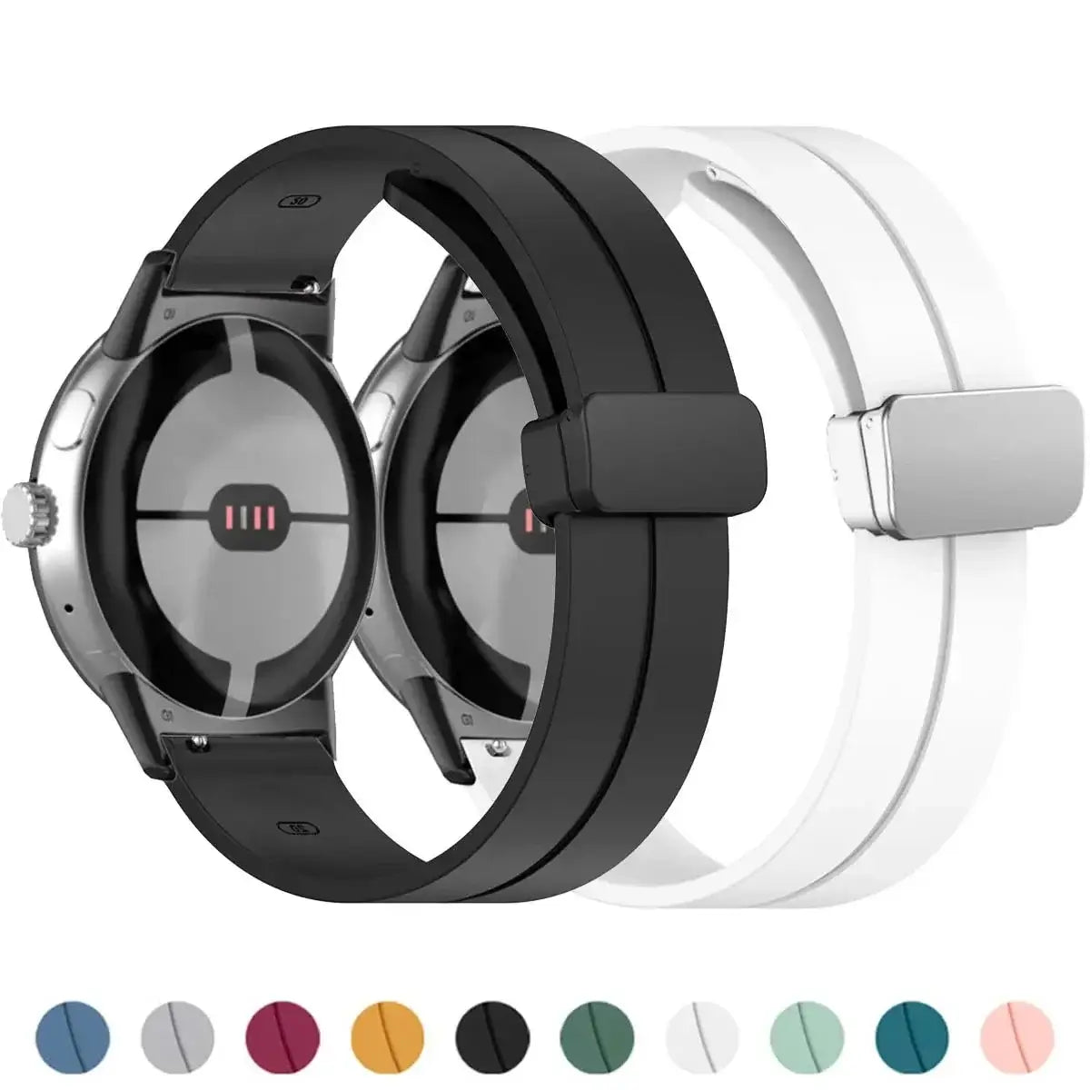 Black and white magnetic clasp Pixel Watch bands with color swatches