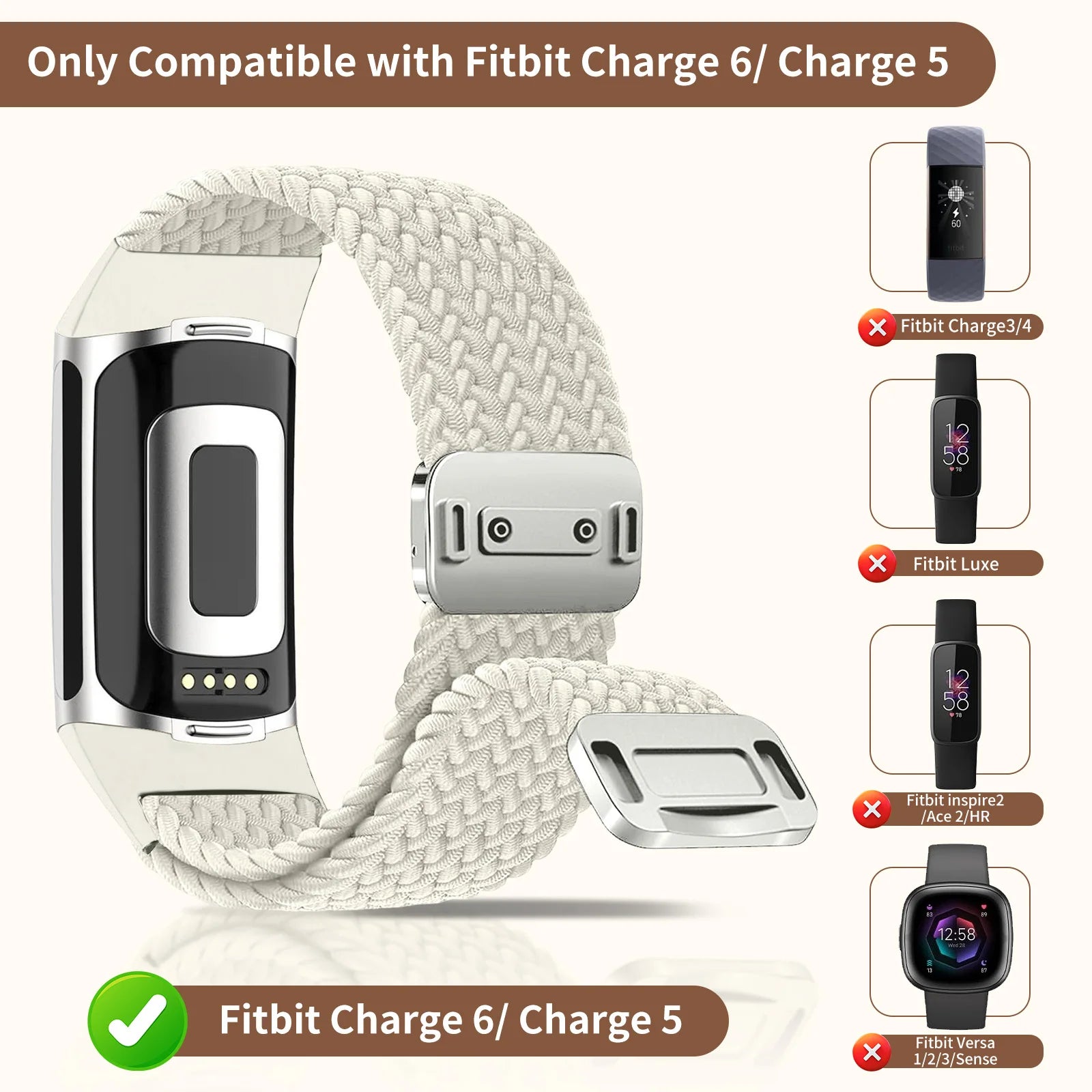 Fitbit Charge 5/6 braided band with magnetic buckle, designed for comfort and compatibility with bandsco straps.