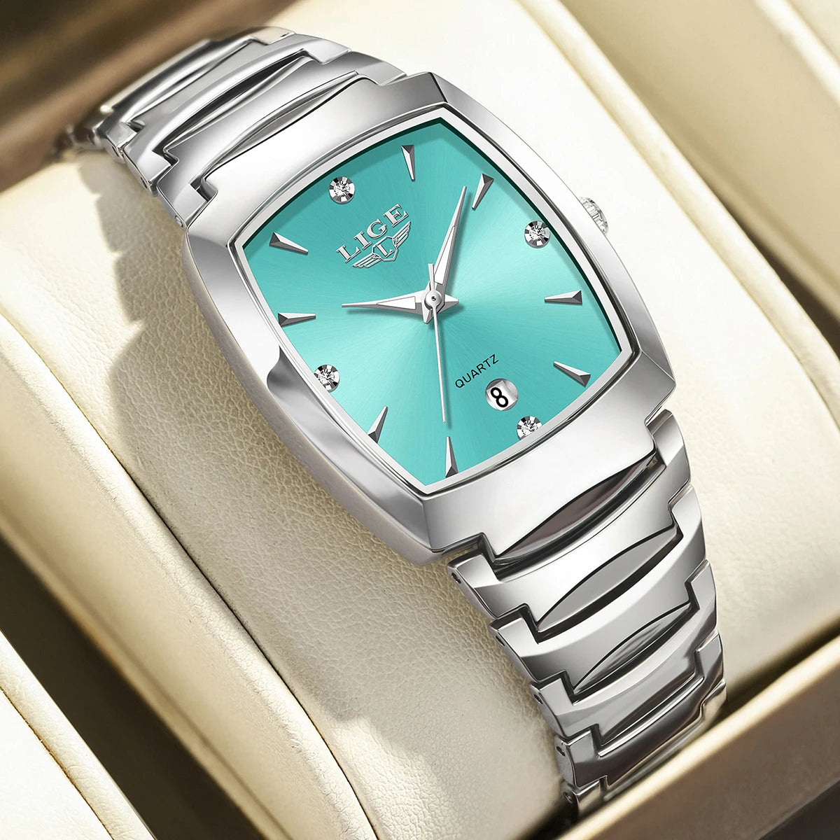Women's Sculpted Bracelet Tonneau Quartz Watch — Turquoise dial tonneau watch — BandsCo Straps