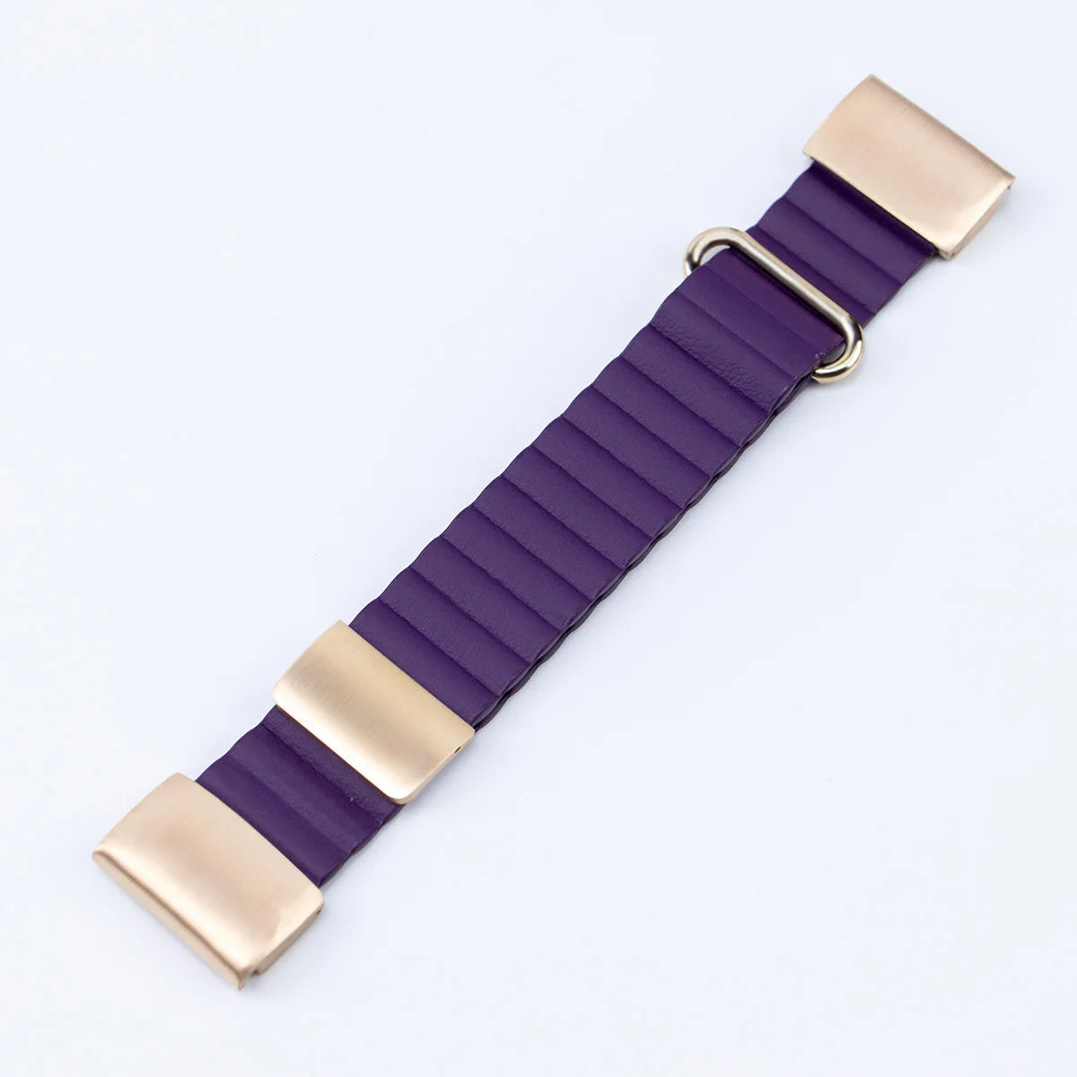 Purple replacement strap for smartwatch with gold accents and ribbed design for comfort and style.