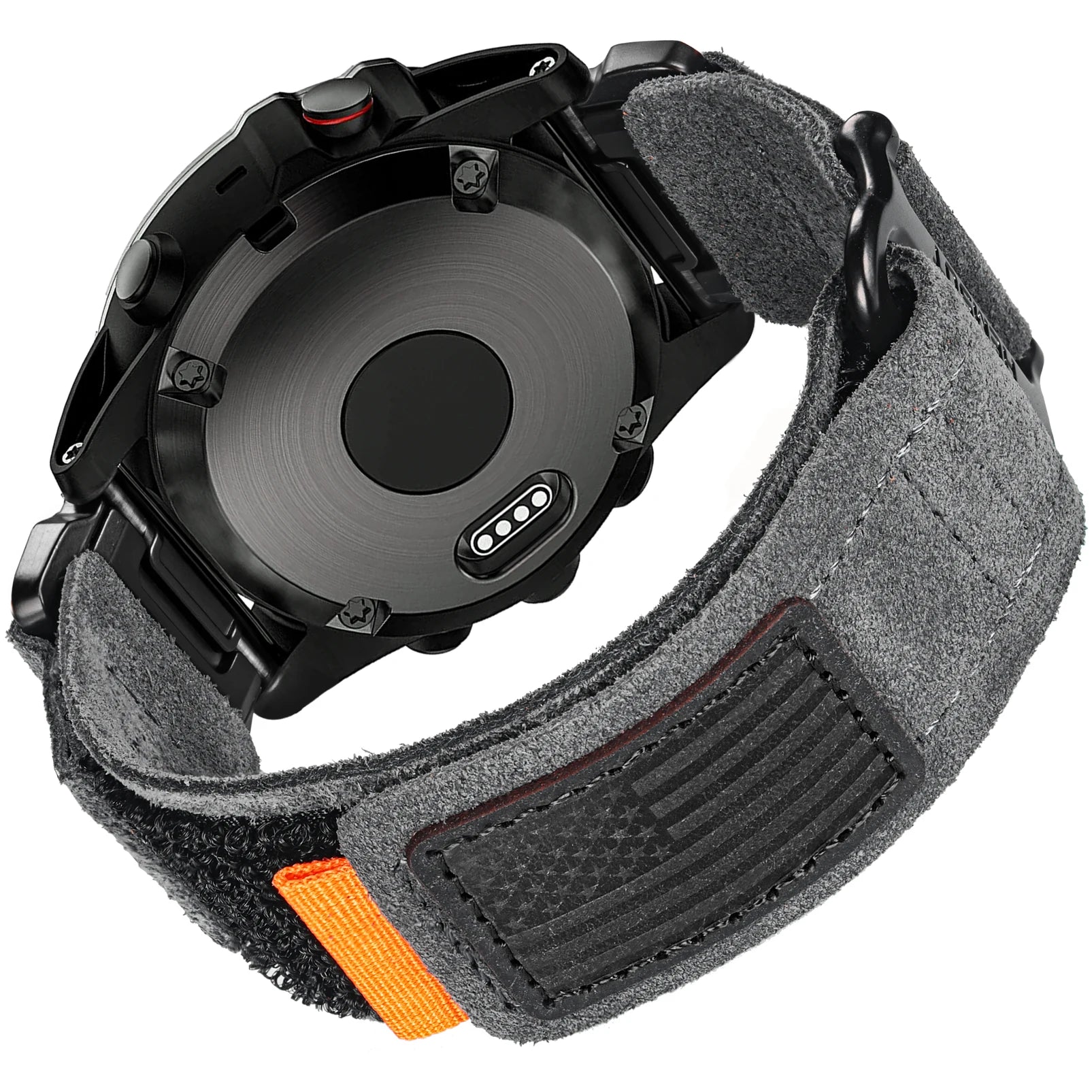 Garmin smartwatch back view with grey velcro strap featuring American flag patch and quickfit attachment.