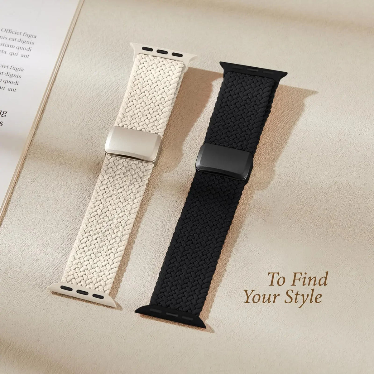 Ivory and black braided nylon straps displayed together for Apple Watch