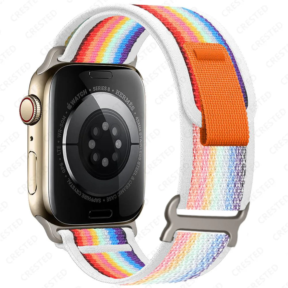 Apple Watch with rainbow Trail Loop nylon strap, featuring lightweight, breathable design for comfort and versatility.