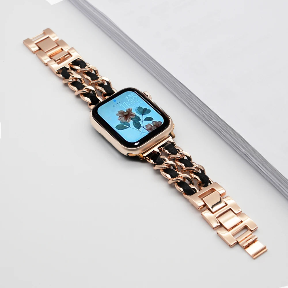 Woven-Accent Chain Apple Watch Bracelet Band in Rose Gold / Black