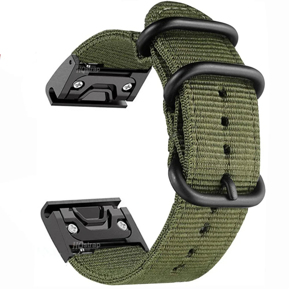 Garmin canvas nylon strap in green, durable and lightweight replacement band for smartwatch with QuickFit design.