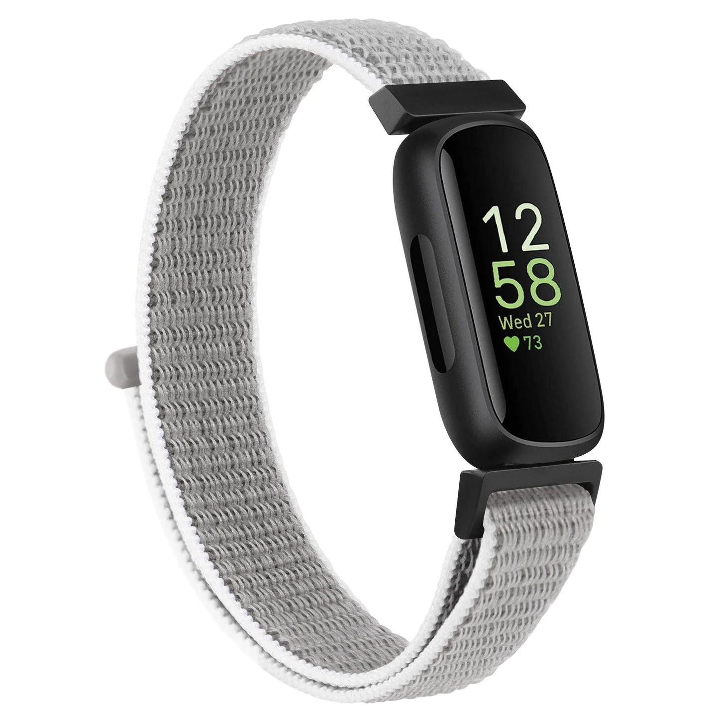 Fitbit Inspire 3 with a gray nylon strap on a white background, offering comfort and style for everyday wear.