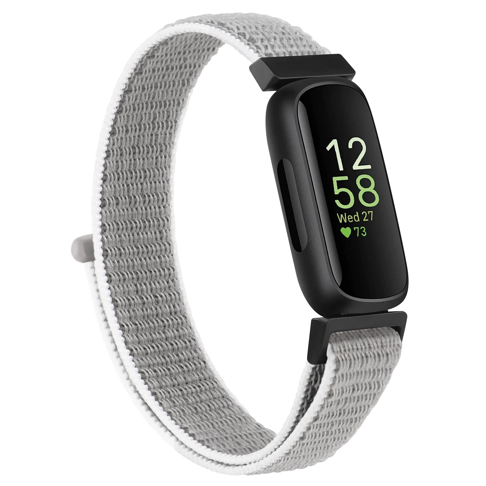 Fitbit Inspire 3 with a gray nylon strap on a white background, offering comfort and style for everyday wear.