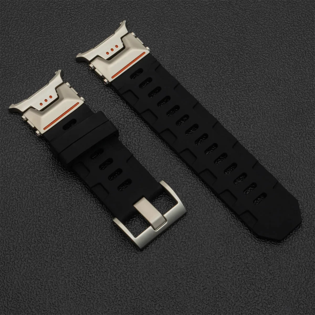 Samsung Galaxy Silicone Sport Watch Band - Ultra/Ultra2 No Gaps in black with silver connectors and gap-free design.