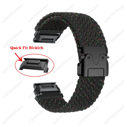 Garmin Braided Nylon Strap in black, showcasing QuickFit design for easy attachment to smartwatches.