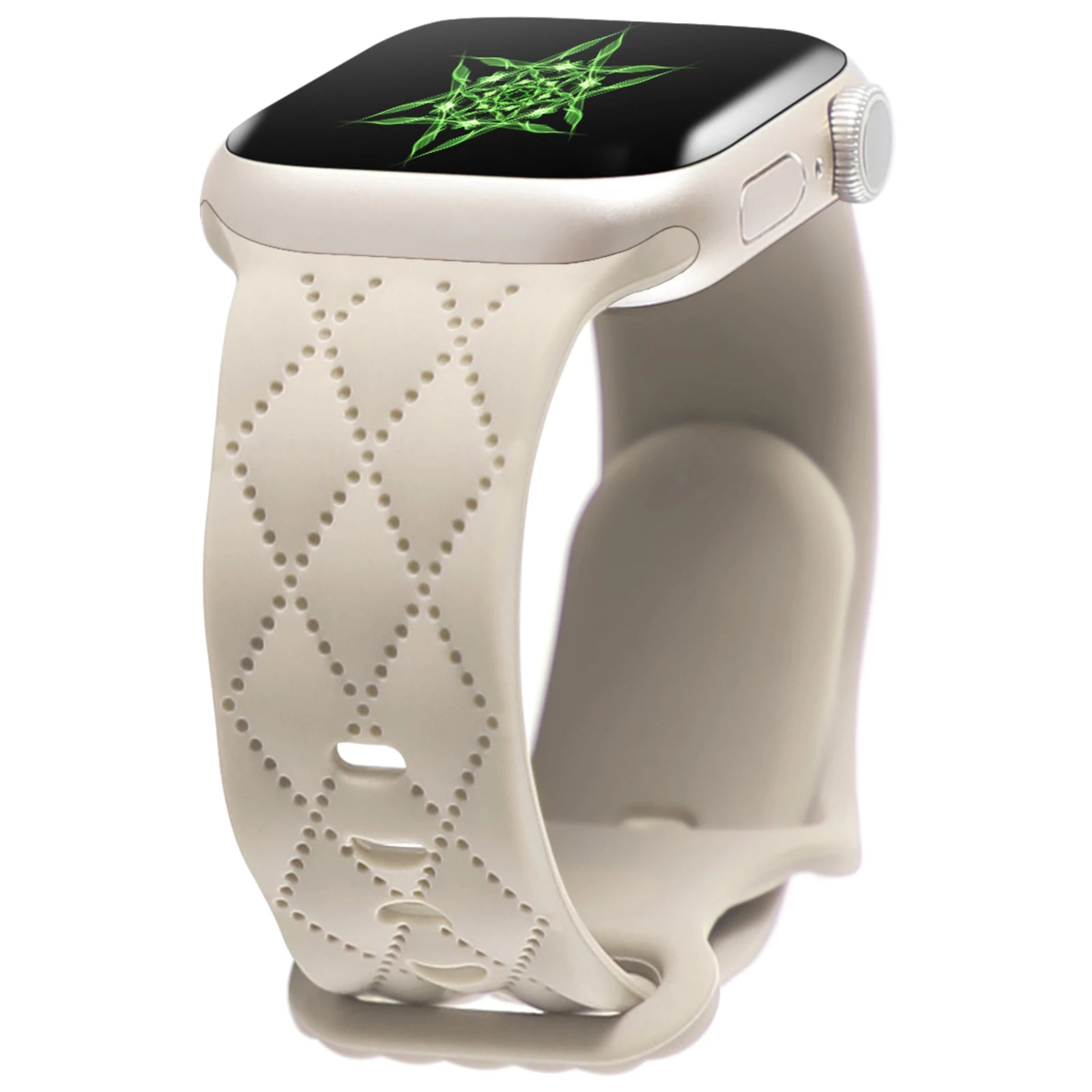 Apple Watch silicone strap in beige, featuring a soft flexible design and breathable pattern for comfortable wear.
