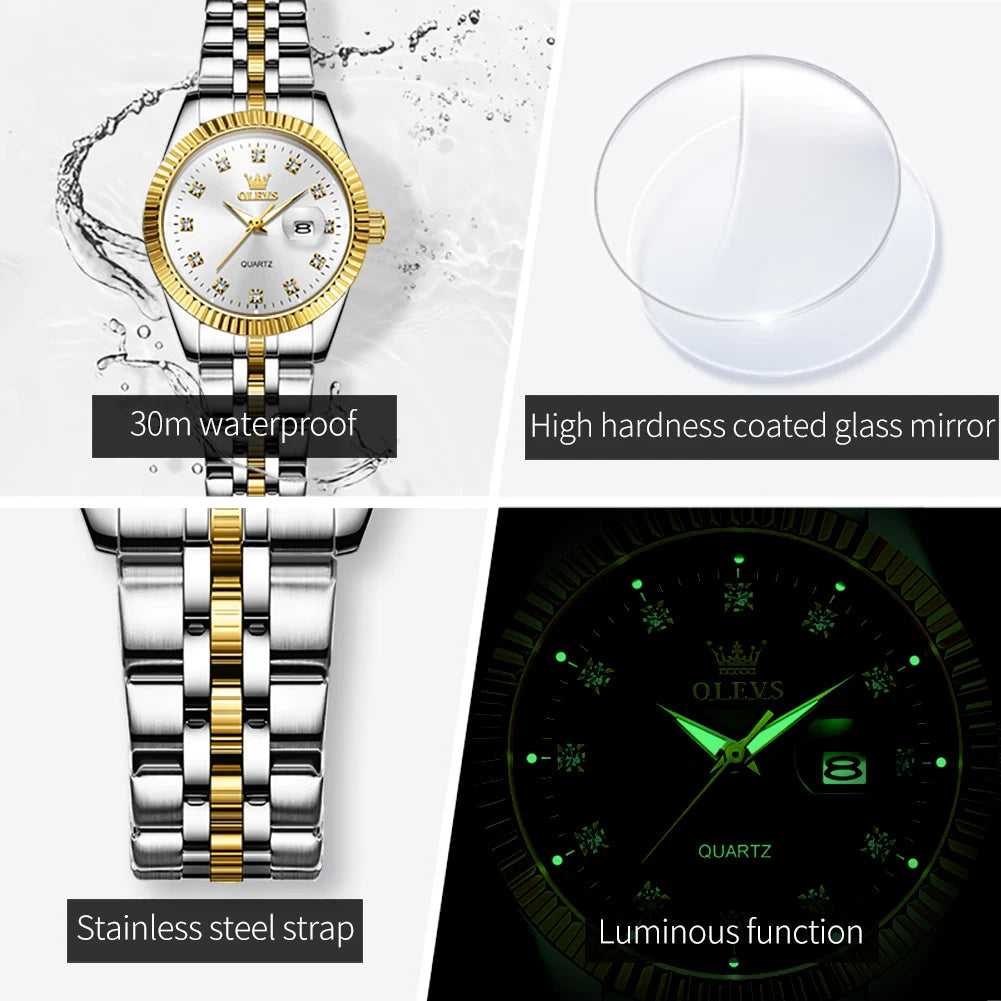Women's 33mm Fluted Bezel Quartz Date Watch — Bracelet, dial window and luminous display details