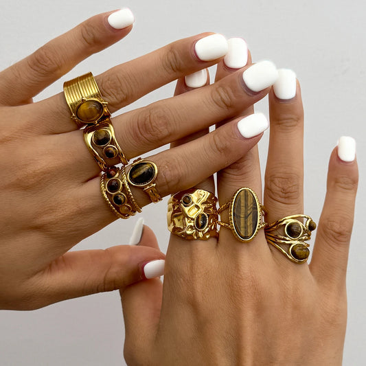 Tiger's eye adjustable rings in gold-tone