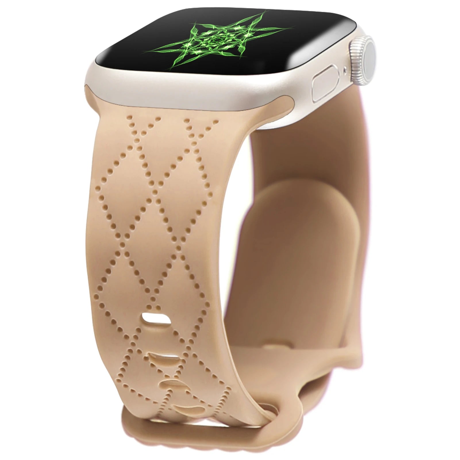 Apple Watch silicone strap in beige, soft and flexible with a waterproof design for comfort and style.