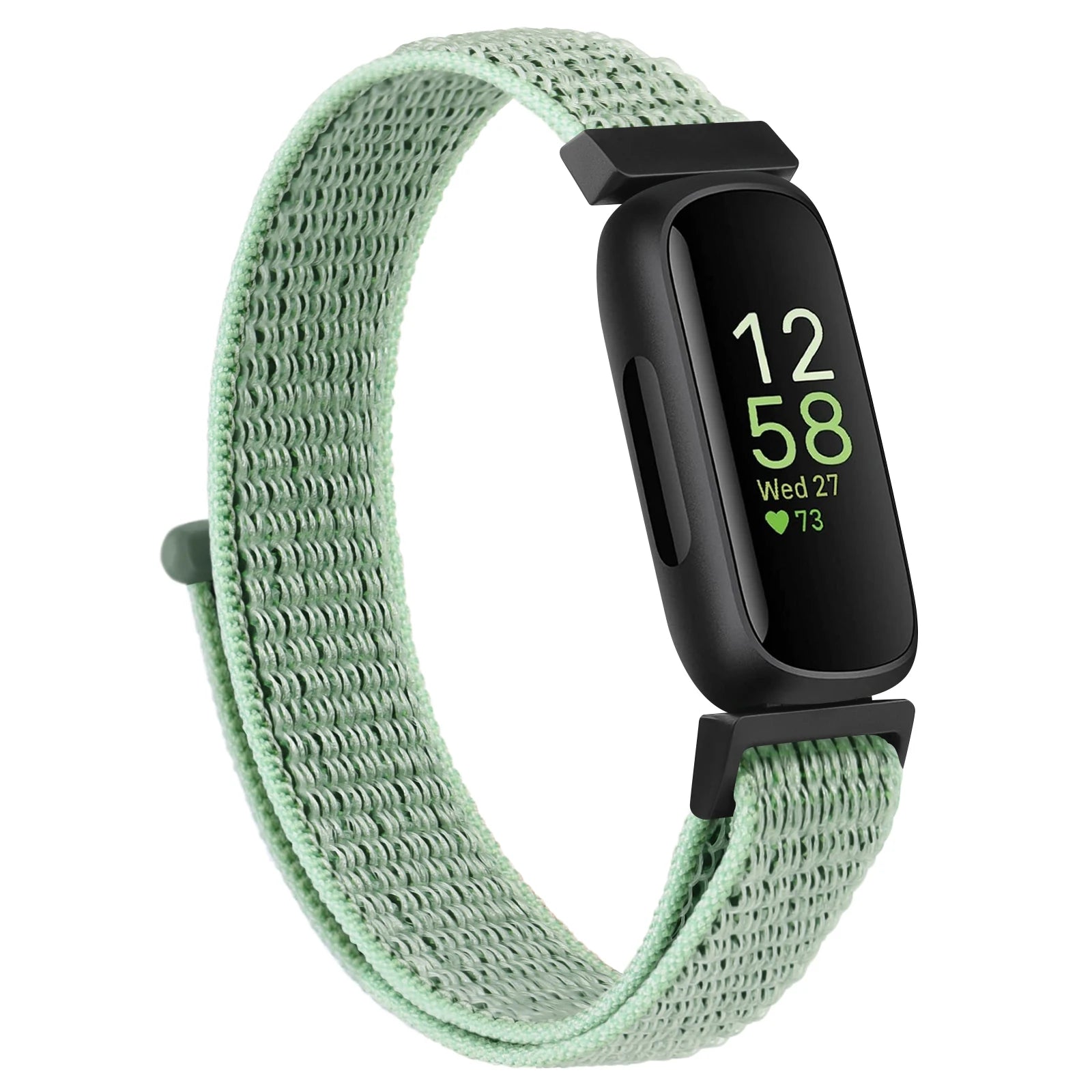 Fitbit Inspire 3 with mint green nylon strap, a comfortable and adjustable smartwatch band for daily wear.