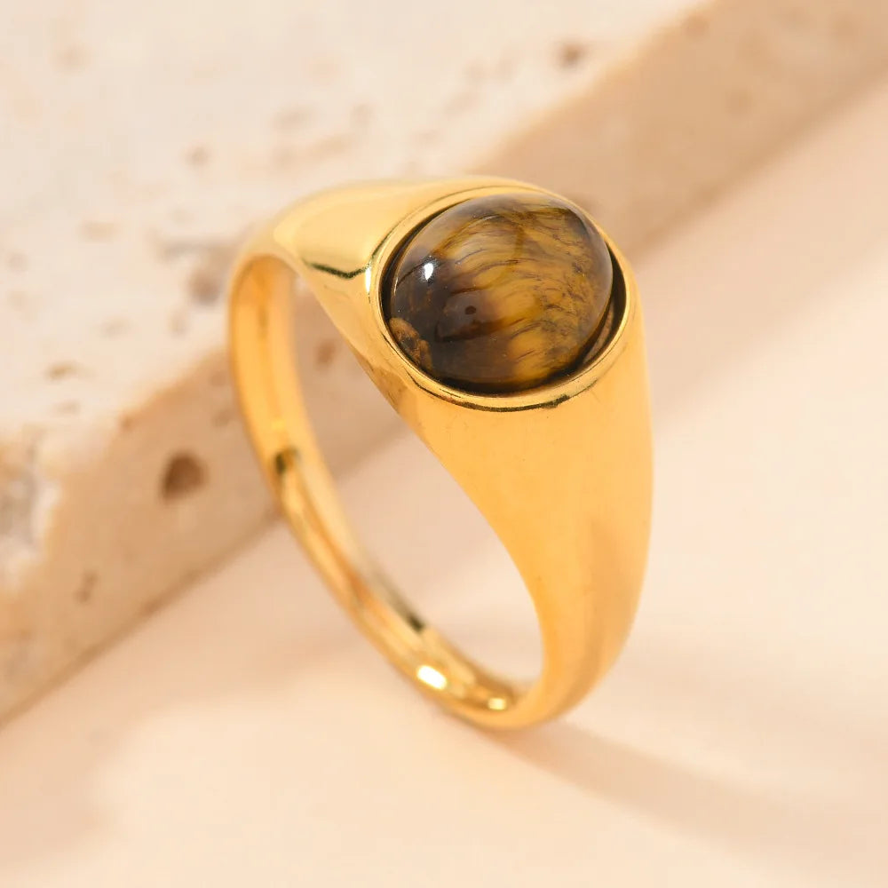 Golden tiger's eye ring, gold-tone stainless steel
