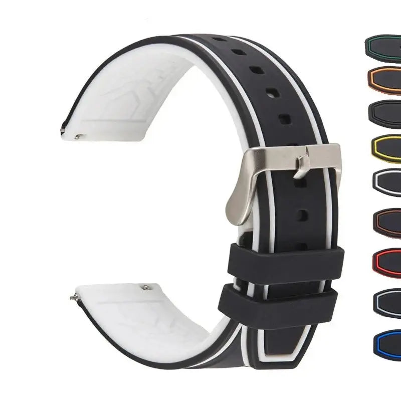 Black silicone strap for Samsung Galaxy Watch, featuring a stylish design and durable materials. 20mm size compatible.