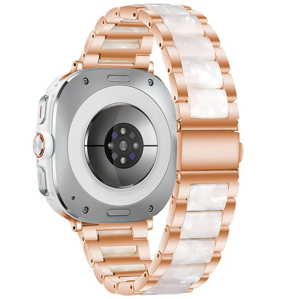 Samsung Galaxy Watch Band Metal Resin Bracelet Watch8/Watch8 Classic/Watch9 Ultra/Ultra2 in rose white color with polished links.