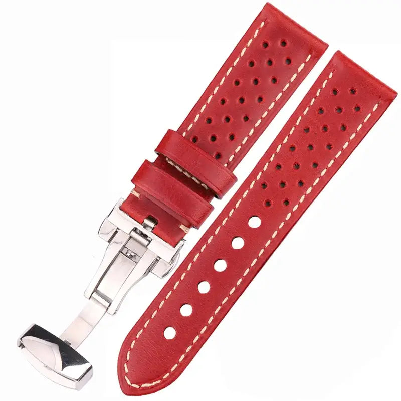Perforated Leather Folding-Clasp Band in Red for compatible Huawei watches