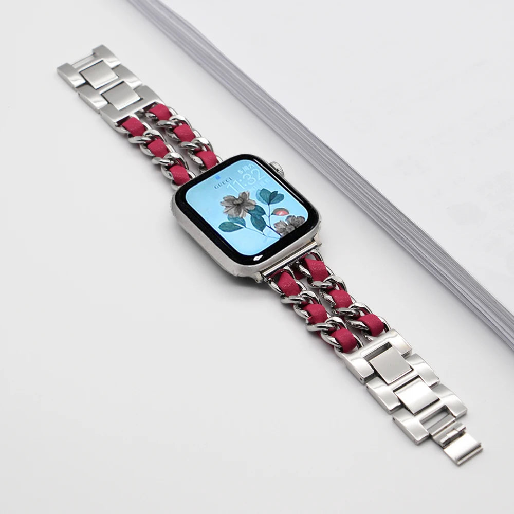 Woven-Accent Chain Apple Watch Bracelet Band in Silver / Red