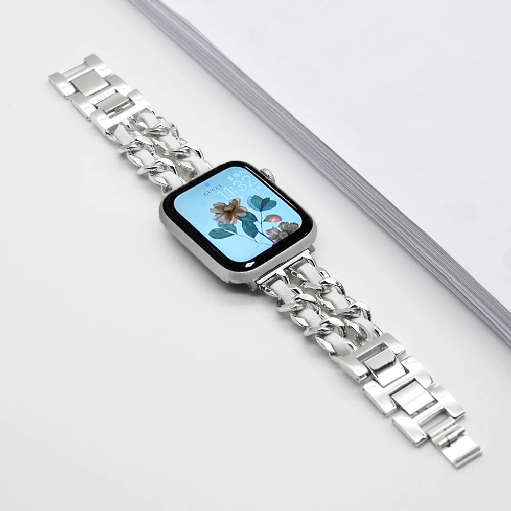 Woven-Accent Chain Apple Watch Bracelet Band in Silver / White