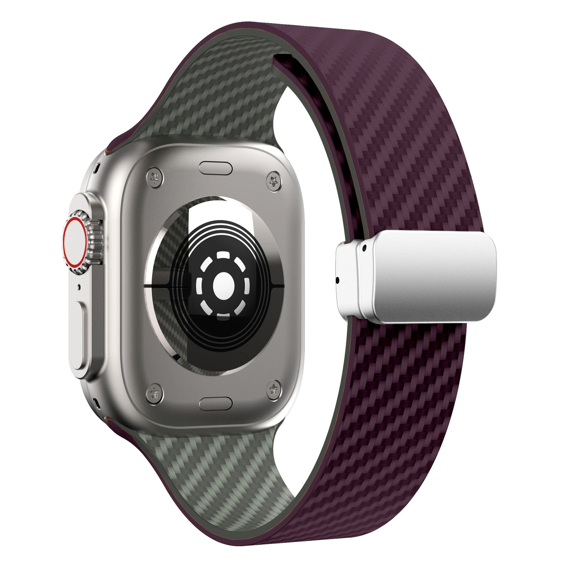 Apple Watch silicone strap in burgundy featuring a magnetic buckle, showcasing a durable and stylish design.