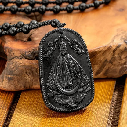 Carved Obsidian Religious Pendant Necklace on Obsidian Bead Chain