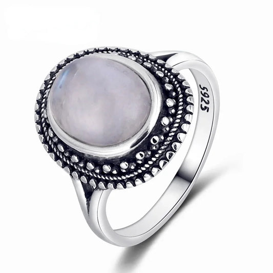 Oval moonstone ring, 8x10 mm, vintage beaded bezel, 925 sterling silver, photo 1